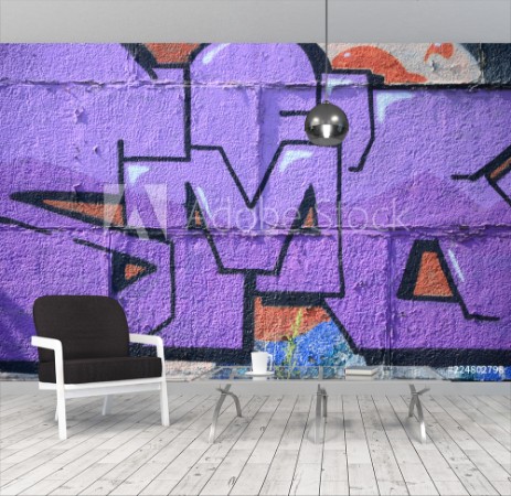 Image de Fragment of graffiti drawings The old wall decorated with paint stains in the style of street art culture Colored background texture in purple tones